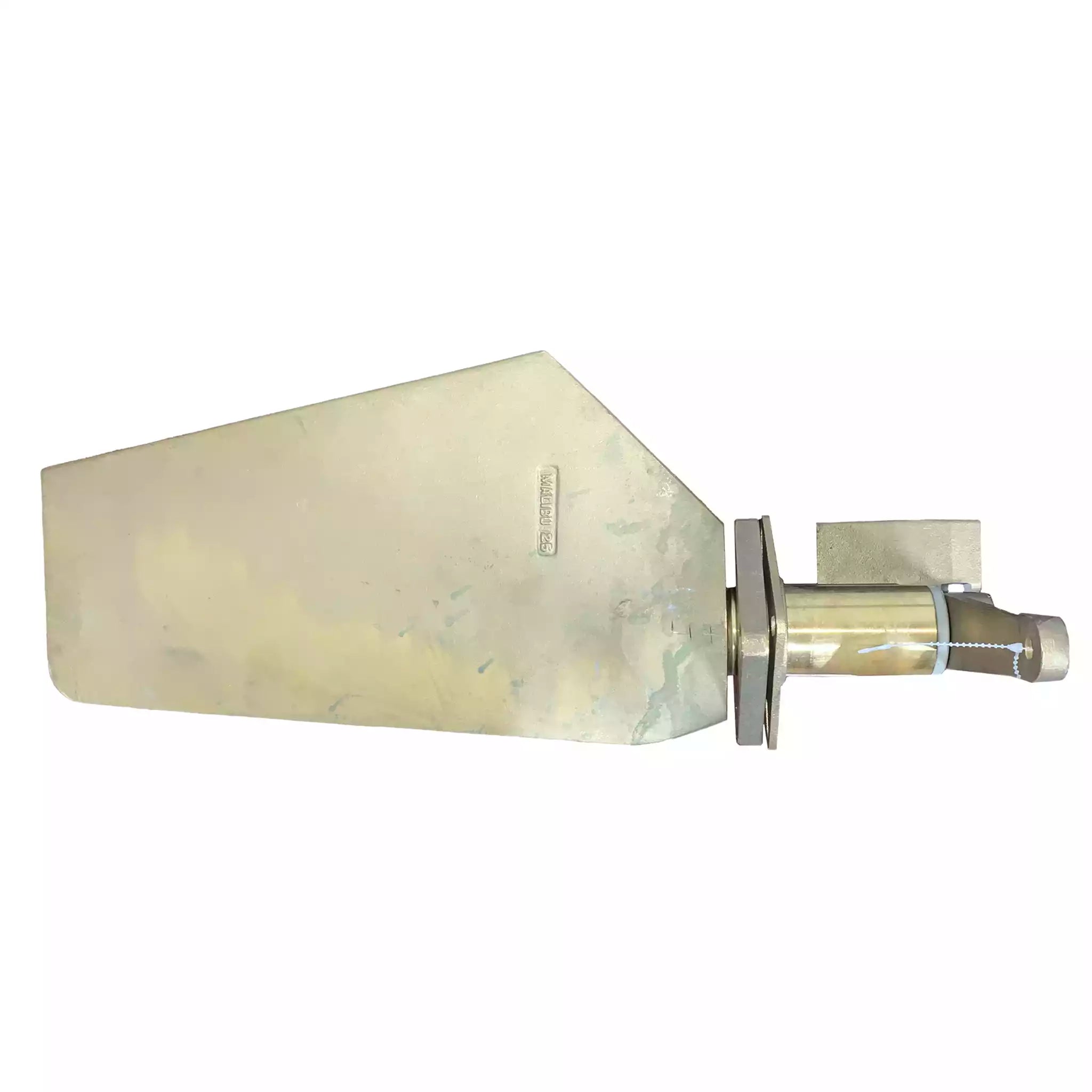 Metal rudder assembly with a 1.12-inch post, featuring a flat blade and a mounting shaft for boat steering systems.