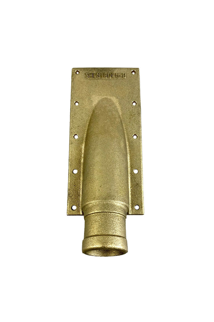 Gold-colored shaft log, 1-1/4 inch diameter, with mounting holes and a cylindrical opening for boat shaft installation.
