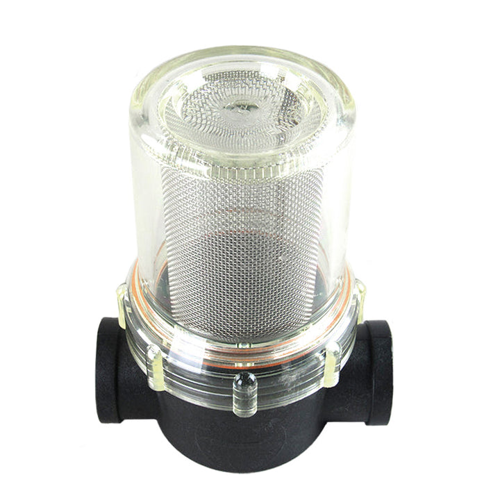 Clear view of a 1-inch outlet sea strainer with a cylindrical mesh filter inside, mounted on a black plastic base.