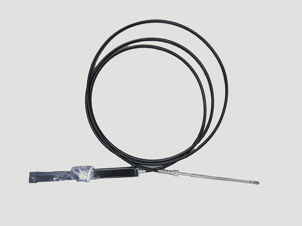 Alt text: "15-foot Teleflex steering cable coiled on a light gray background, featuring black outer casing and exposed stainless steel inner wire at one end."