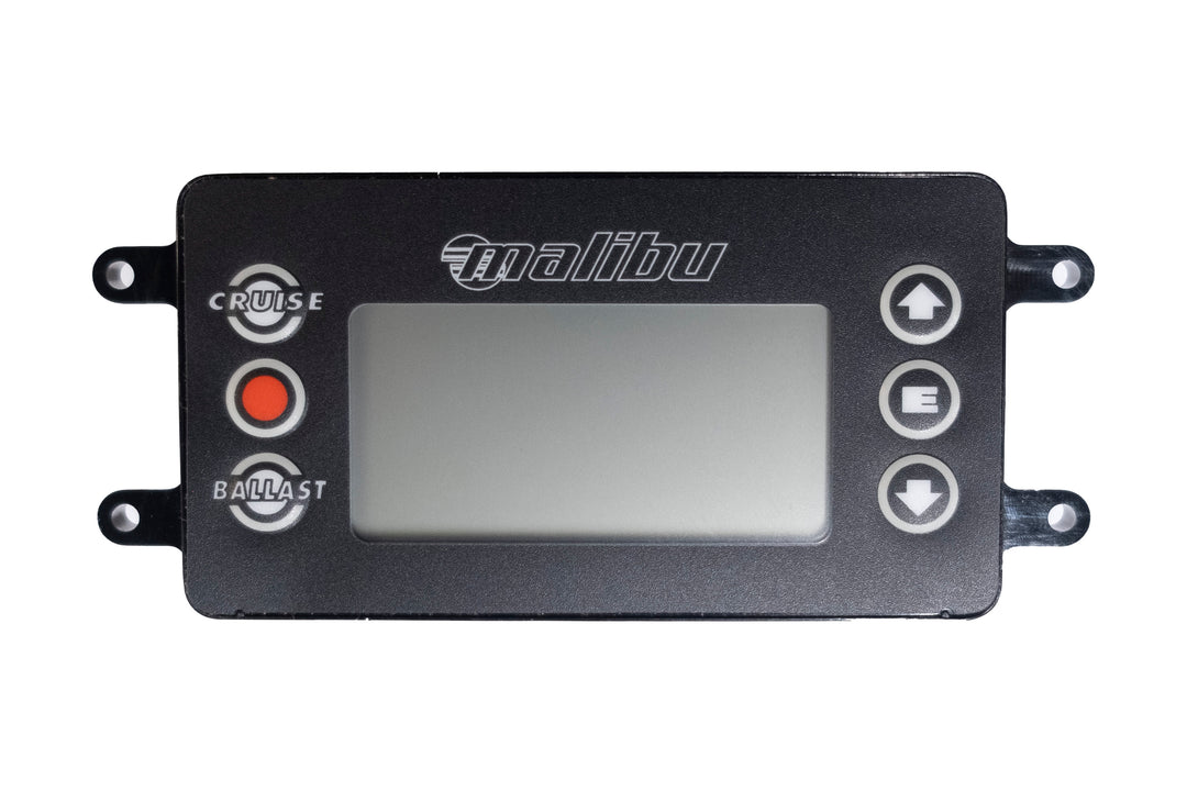 Malibu Info Center with Ballast control, featuring a digital display and navigation buttons for boating adjustments.