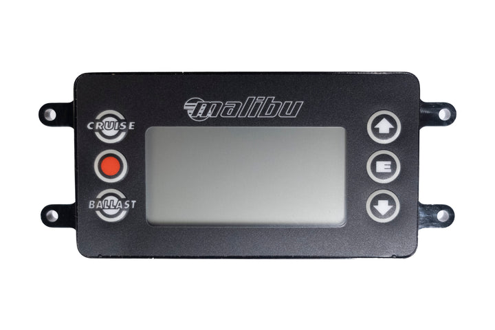 Malibu Info Center with Ballast control, featuring a digital display and navigation buttons for boating adjustments.