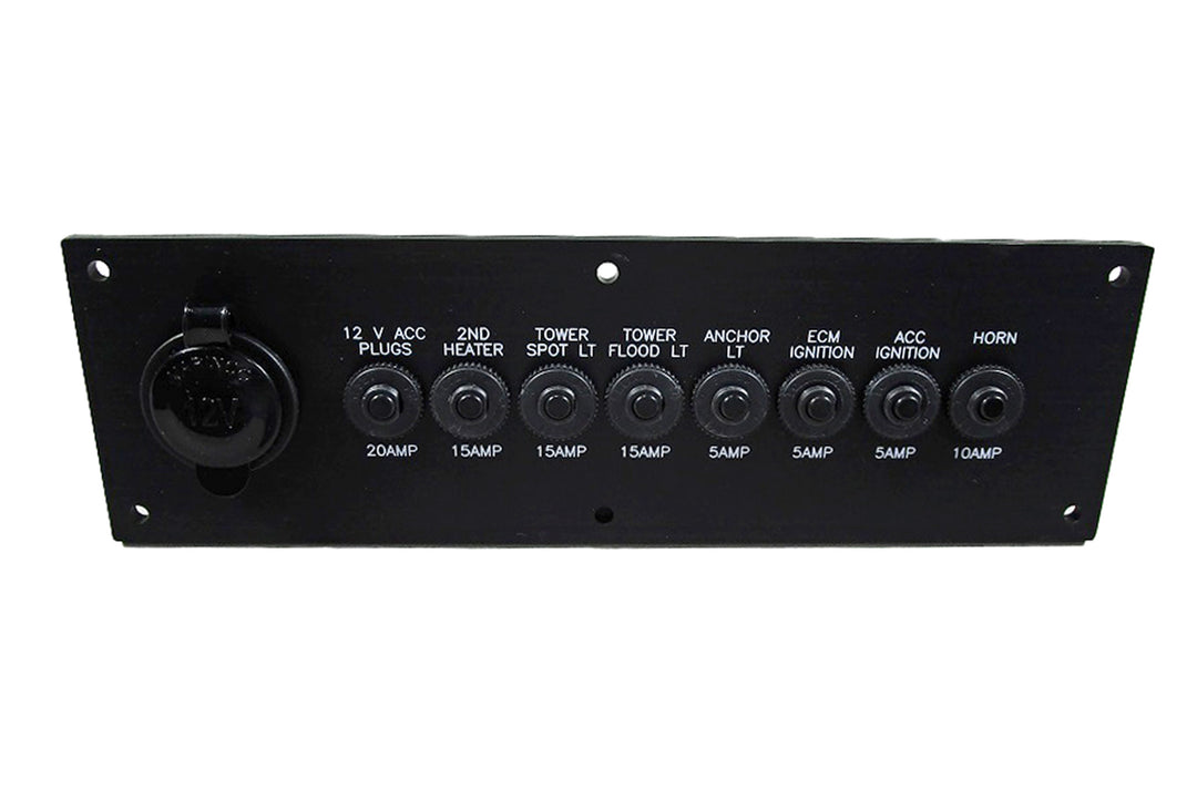 Axis Breaker/Fuse Panel Rev 1 Wet Sounds with multiple switches and a power outlet on a black metal panel.