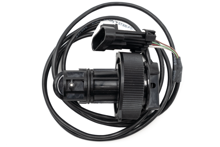 Airmar paddle wheel speed sensor with black housing, attached wiring, and adjustable mounting knob for marine speed measurement.