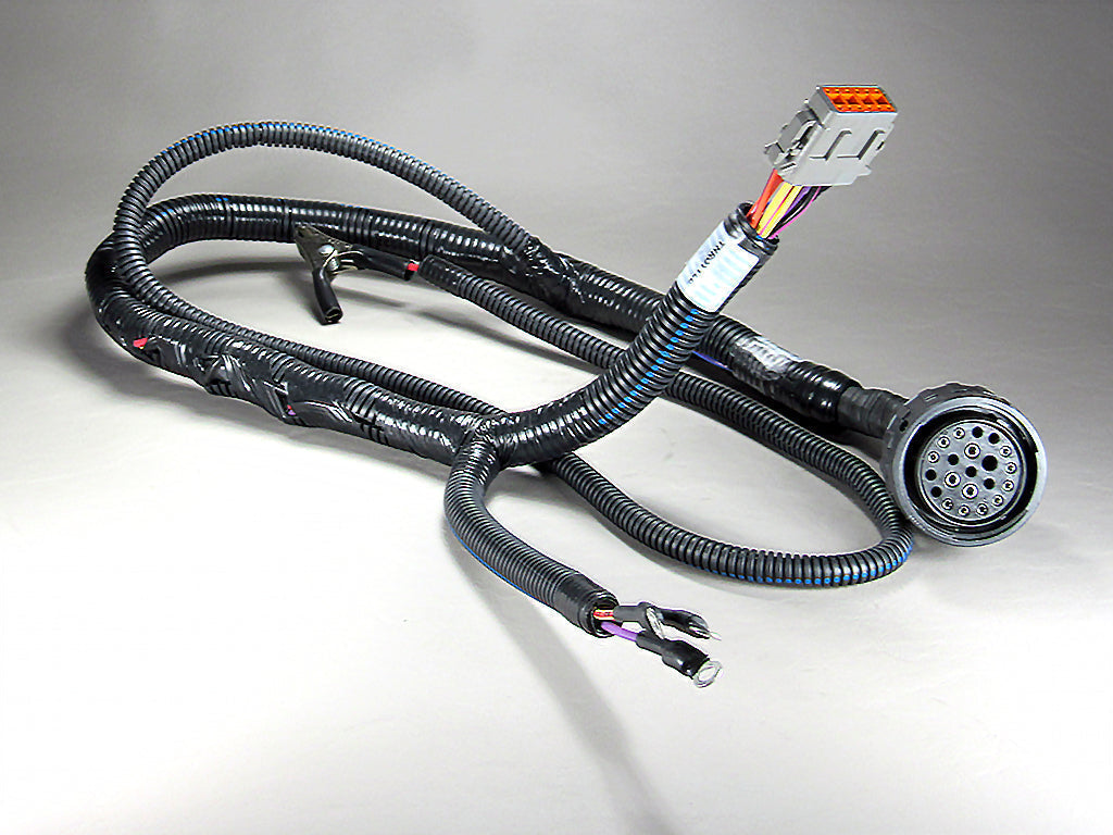 Service harness with bypass for BAT, 19, featuring multiple connectors and protective wiring.