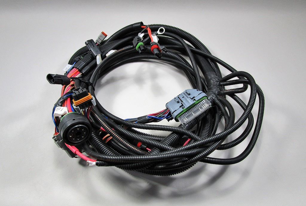 Wiring harness for Axis Power Wedge III RIB Harness, with multiple connectors and protective black tubing.