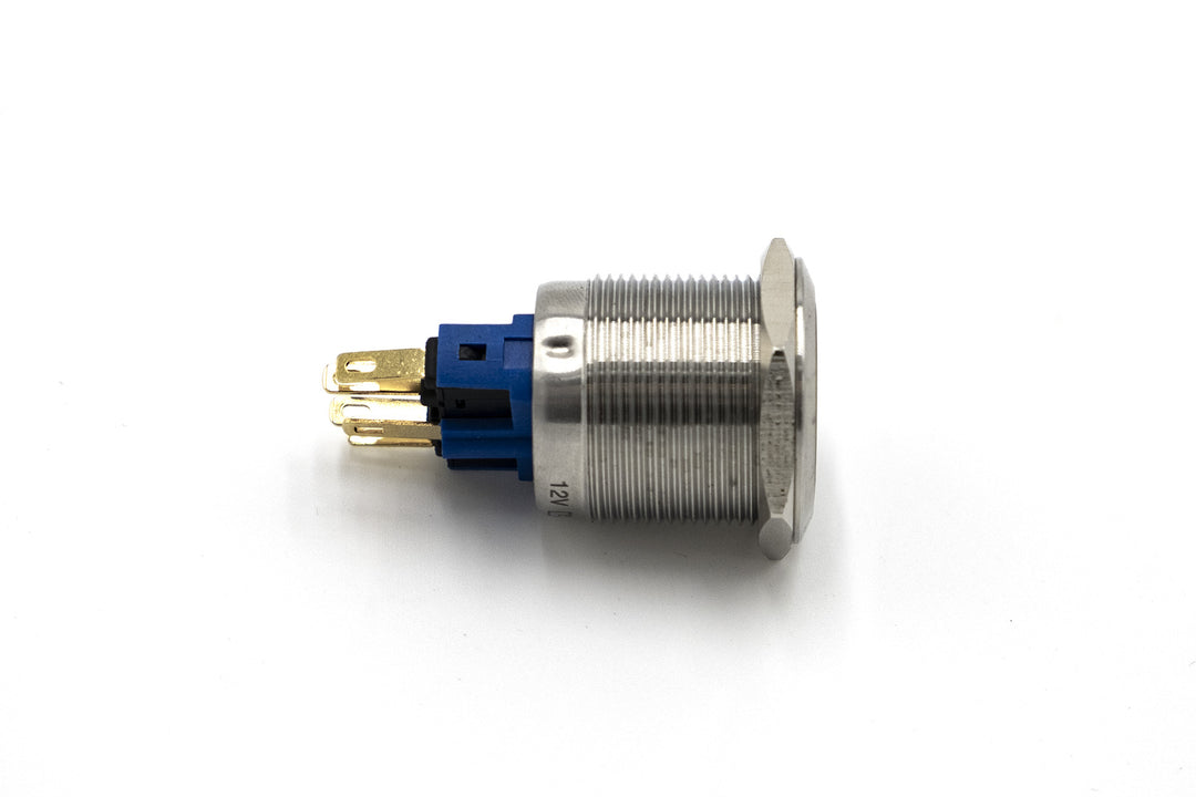 Metallic power button with a blue plastic base and gold electrical contacts, designed to turn electronic devices on or off.