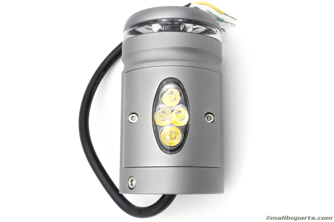 360-degree tower anchor light with four LED bulbs, mounted on a gray metal base with wiring attached.