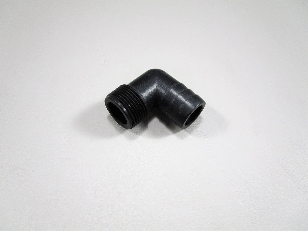 Elbow fitting, 1-1/8 inch hose barb to MPT, nylon, 90-degree angle, used for plumbing or fluid transfer applications.