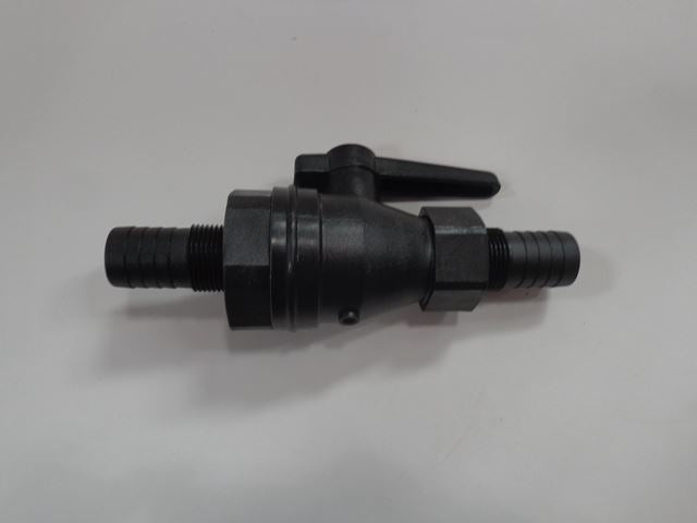 Black ball valve with hose barb fittings on each end, designed for PnP applications, size 13-15.