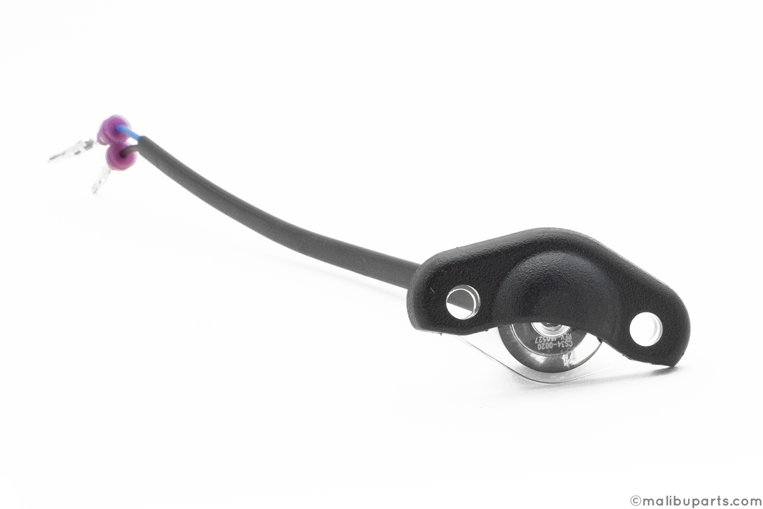 Axis underseat light in blue with black mounting bracket and wiring for bicycle or scooter.