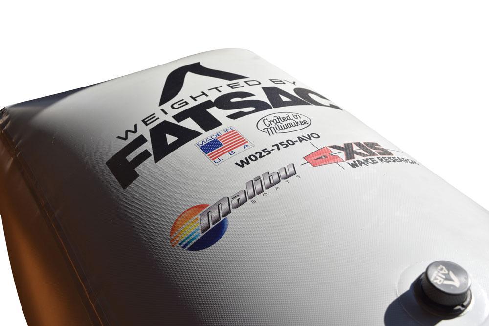 Rear FatSac bag with 750 lbs capacity, made in the USA, featuring branding and a black valve cap.