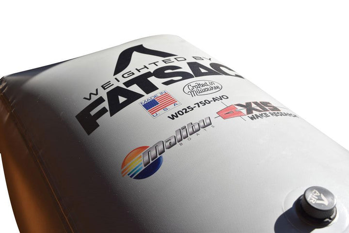 Rear FatSac bag with 750 lbs capacity, made in the USA, featuring branding and a black valve cap.
