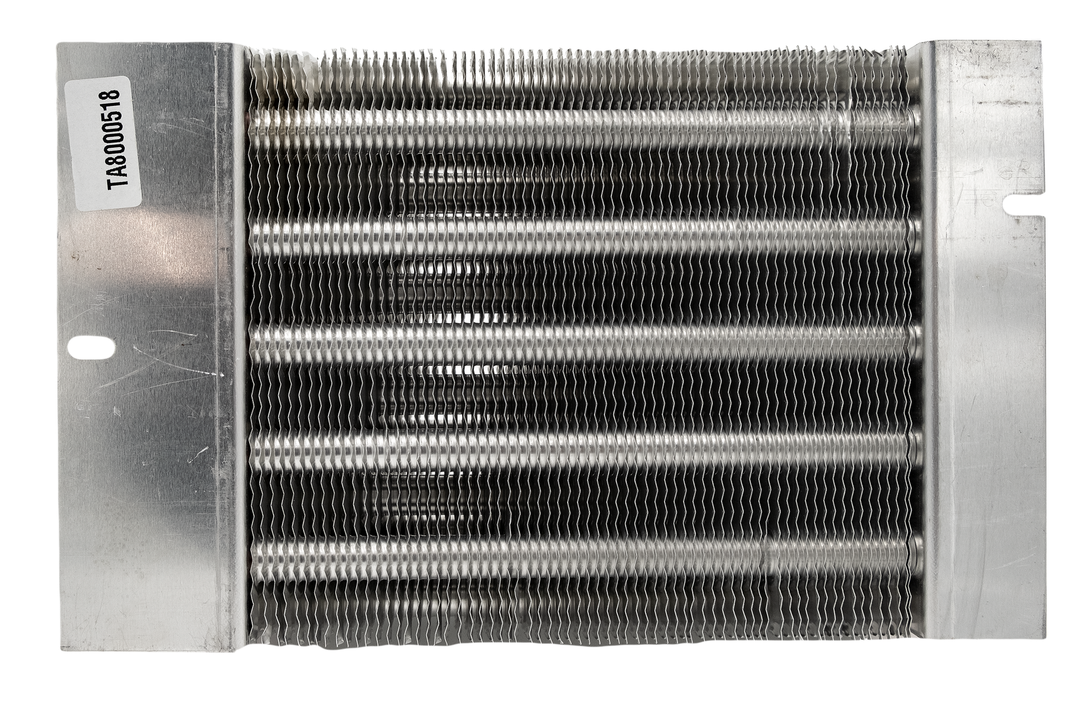 Alt text: "Close-up view of a Maradyne 2-outlet heater core featuring a dense arrangement of metallic fins and tubes with mounting flanges on each side, labeled with part number &