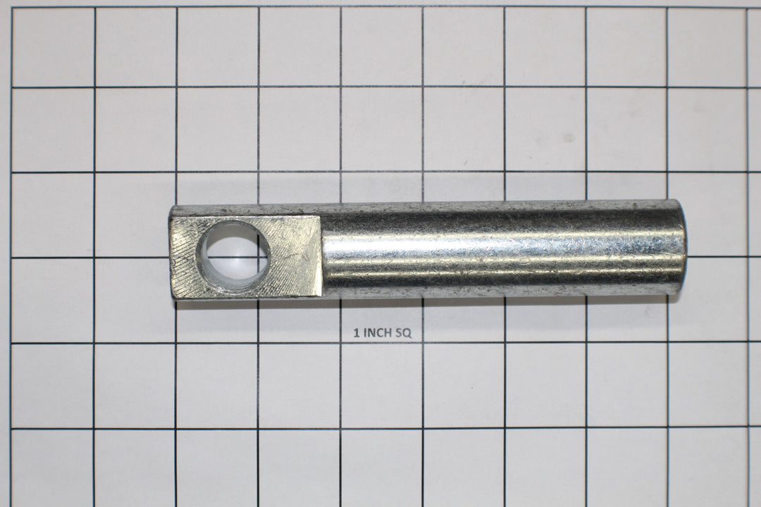 Metal bar trunnion with a circular hole, measuring approximately 4 inches in length, on a grid background.