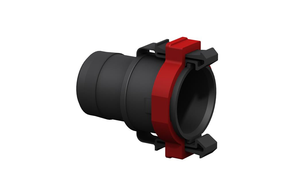 Flow Rite 1-1/8" straight pipe fitting with black body and red locking clamp for secure connection.