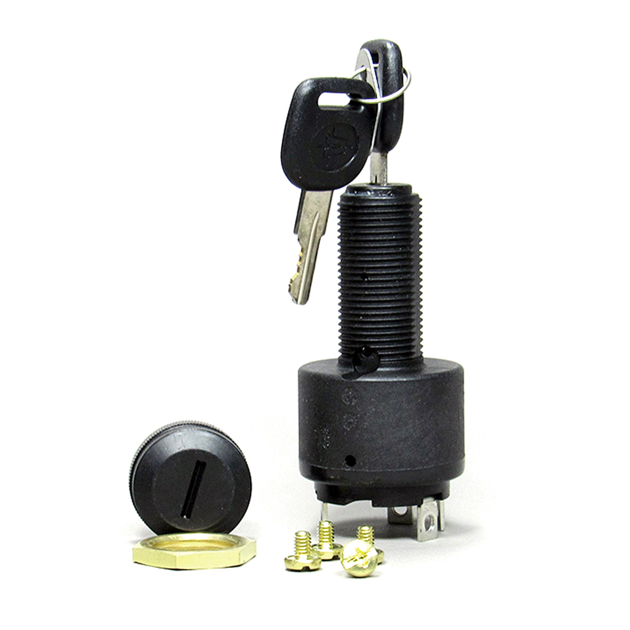 Axis ignition switch with key, mounting hardware, and black control knob for vehicle or machinery ignition.