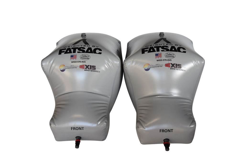Pair of Malibu PNP 570 lbs rear FatSacs in silver, designed for boat ballast, with labeled front and durable material.