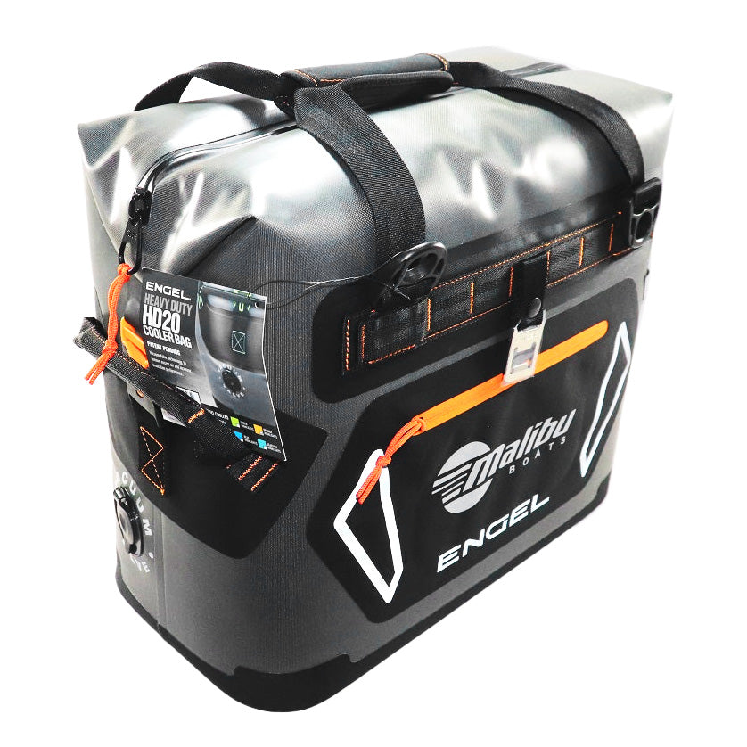 Engel Heavy Duty Malibu Soft Cooler with black and orange accents, durable handles, and zippered compartments for outdoor use.