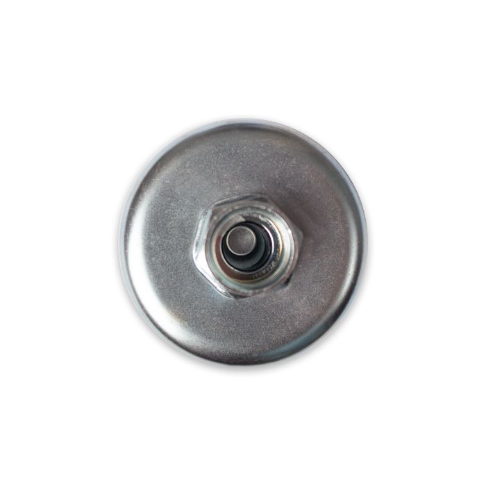 Close-up of an Indmar fuel filter showing its metallic, cylindrical body and central inlet/outlet port.