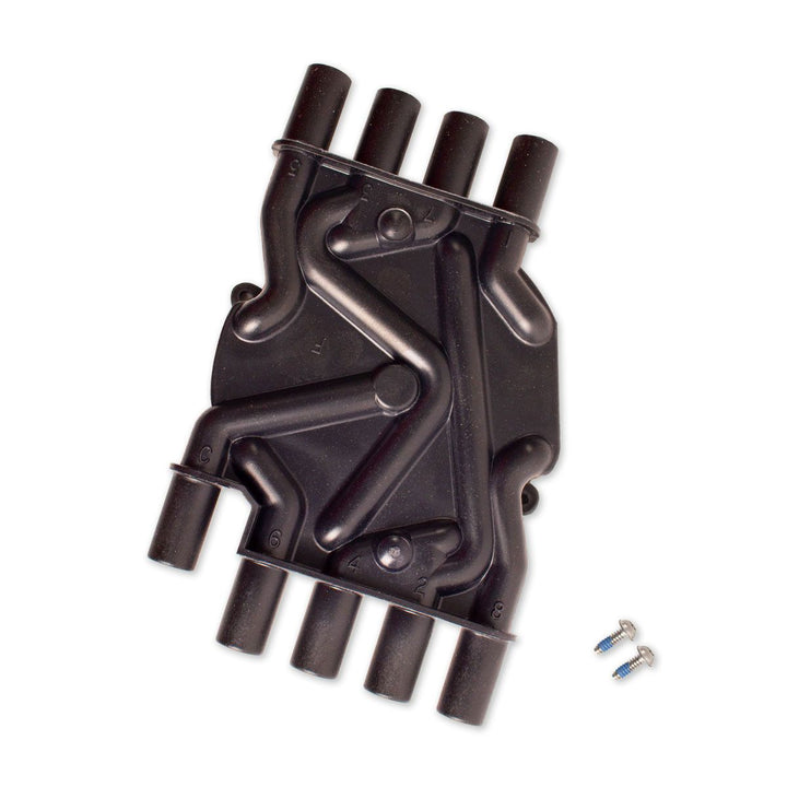 Distributor cap HVS (High Voltage Switch) for ignition systems, black plastic, with mounting screws, used in automotive engines.