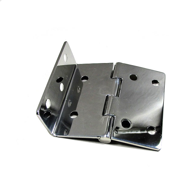 Stainless steel engine hatch hinge with multiple mounting holes for vehicle engine compartment door installation.