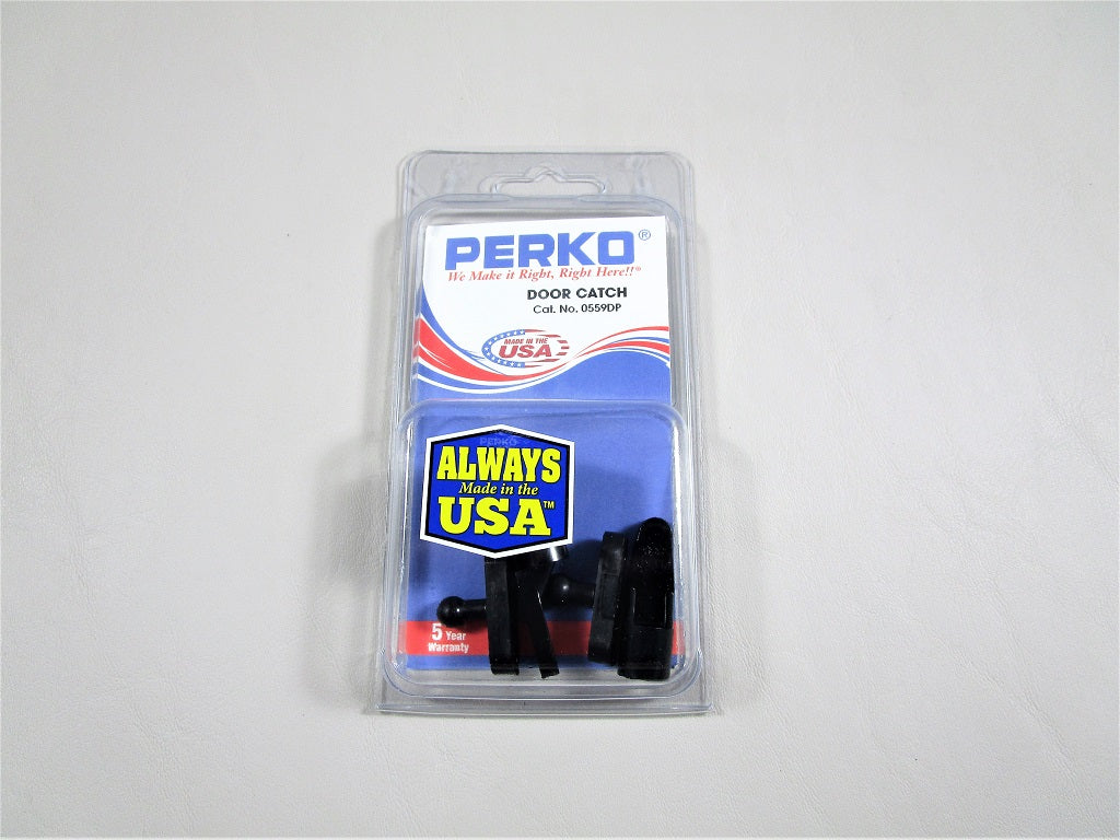 Clear plastic packaging containing a black walk-over latch with "PERKO" branding, labeled "Door Catch," made in the USA.