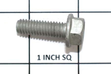 Close-up of a 5/16-18 x 1-inch hex cap flat head screw on a grid background for size reference.