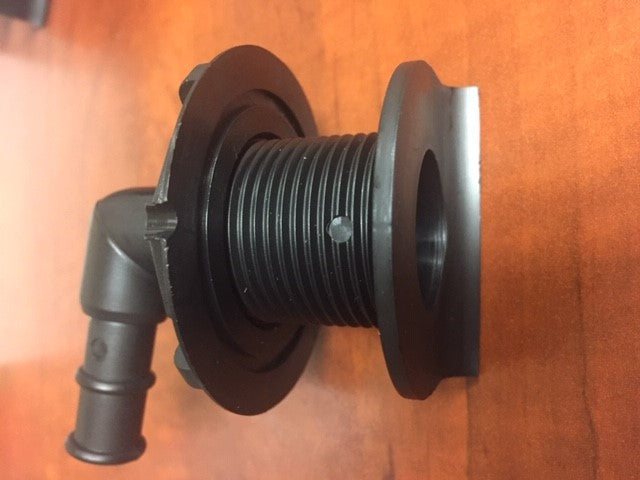 Left-angled ice chest drain fitting with a black plastic body and threaded connection for easy installation.
