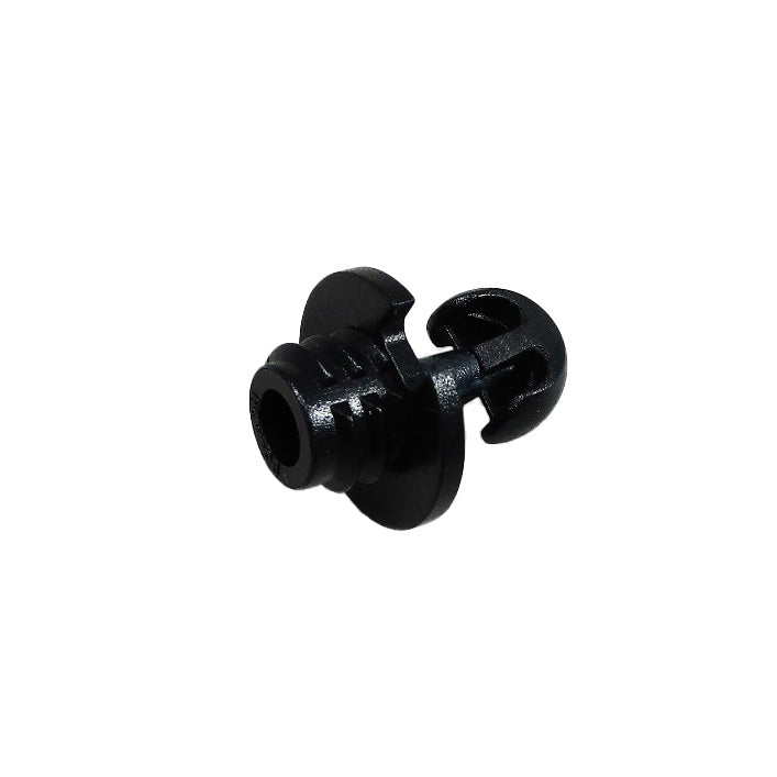 Black plastic panel clip, Axis 09-19, used for securing panels in automotive or machinery applications.