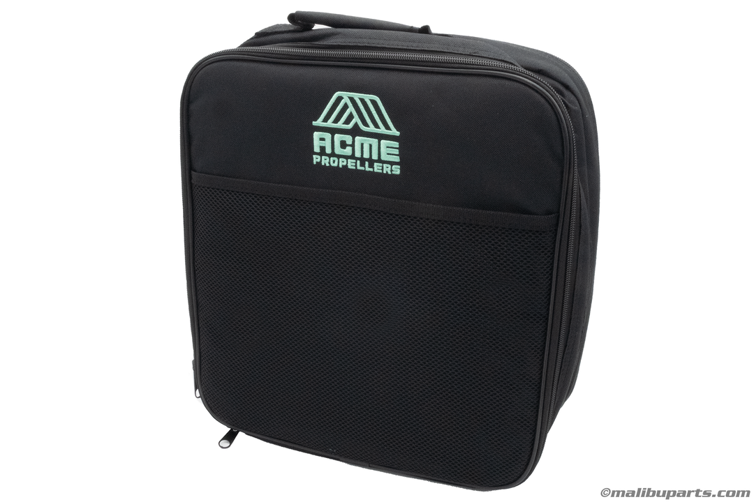 Black zippered carrying case with the logo of Acme Propellers, for a 1-1/4 Weekend Saver Kit, featuring a durable mesh front cover and sturdy handle.