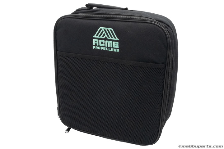 Black zippered carrying case with the logo of Acme Propellers, for a 1-1/4 Weekend Saver Kit, featuring a durable mesh front cover and sturdy handle.