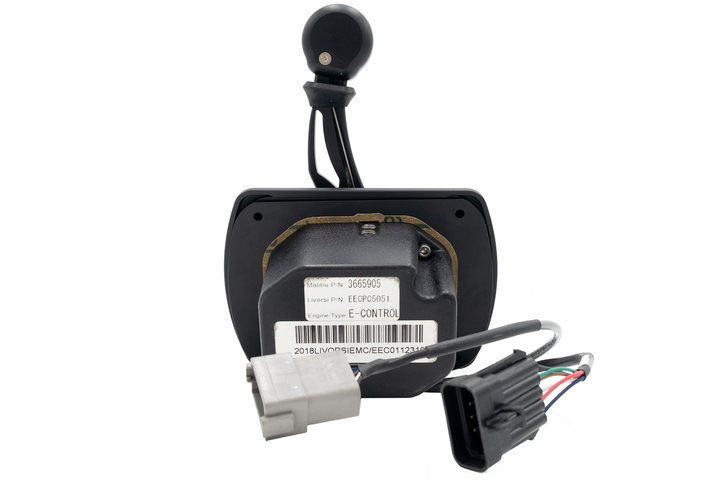 Rear view of a ZF Replacement Shifter with E-Control, showing its connector and electronic components on a white background.