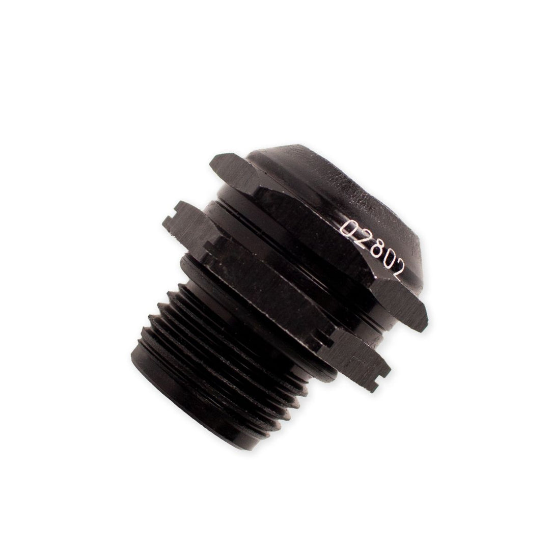 Black 1/2" ORB to 1/2" Quick Connect fitting isolated on a white background, featuring external threading and embossed part number &