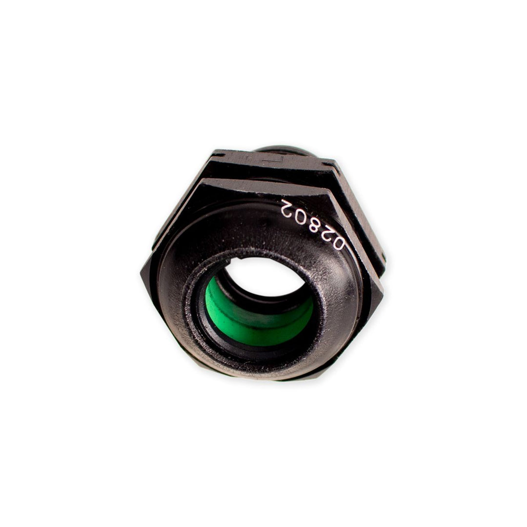 Alt text: "Close-up view of a black 1/2" ORB to 1/2" Quick Connect fitting, featuring a hexagonal shape with green sealing inside and part number visible."