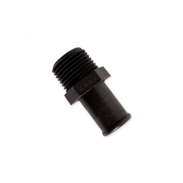 Black nylon straight fitting, 1/2 inch to 5/8 inch size, used for plumbing or fluid transfer connections.