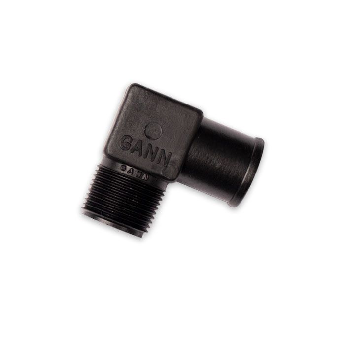 Nylon elbow fitting, 3/4 inch to 1 inch, for plumbing or irrigation, black, threaded connection, durable and corrosion-resistant.