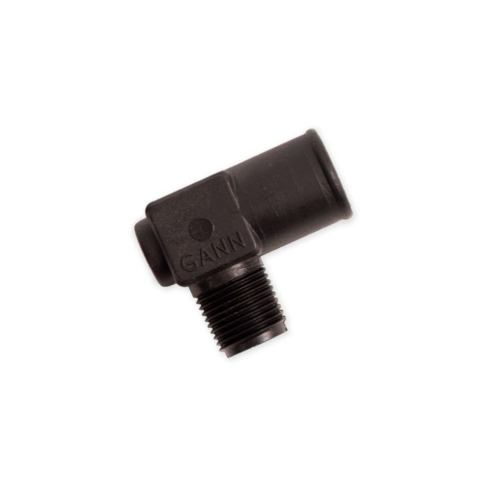 Alt text: "1/2 inch NPT to 1 inch nylon elbow fitting, black, with male threaded end and cylindrical female connector, isolated on a white background."