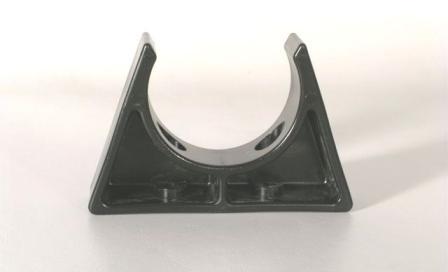 Black table post clip or pylon clip with a semi-circular top and rectangular base, designed to hold or secure posts or signs.