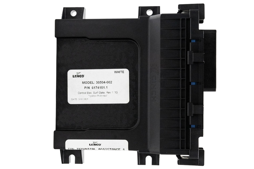 White surf gate control box with black casing, mounted brackets, and a label displaying model and part number details.