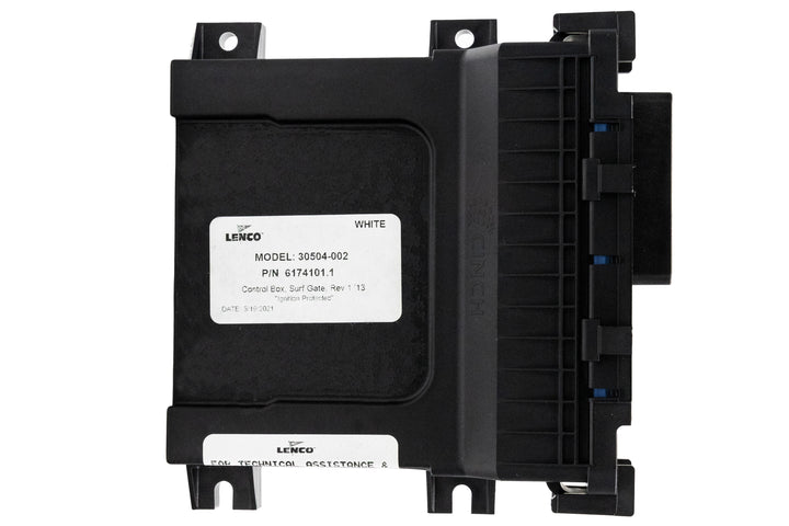 White surf gate control box with black casing, mounted brackets, and a label displaying model and part number details.