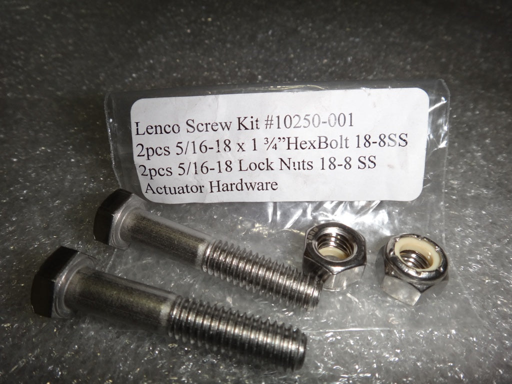 Surf Gate actuator hardware kit with two bolts, two lock nuts, and a labeled plastic bag for installation.