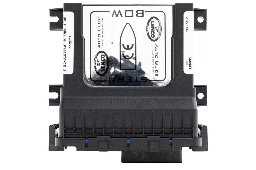 Orange Lenco Surf Gate control box with black casing and clear top, featuring labels and mounting brackets for marine use.