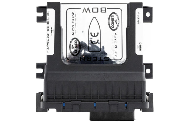 Orange Lenco Surf Gate control box with black casing and clear top, featuring labels and mounting brackets for marine use.