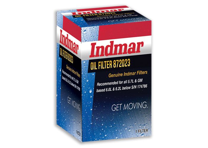 Indmar oil filter 872023 box with red, white, and blue design, recommended for 5.7L and 6.0L engines, featuring water droplets and "Get Moving" slogan.