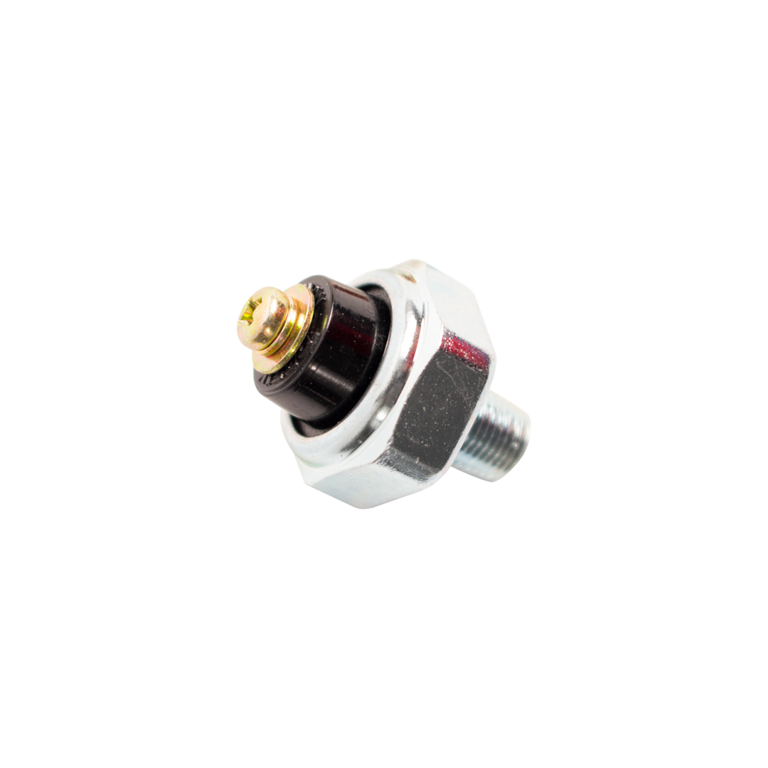 Oil pressure switch with metal threaded base and electrical connector, used to monitor engine oil pressure levels.
