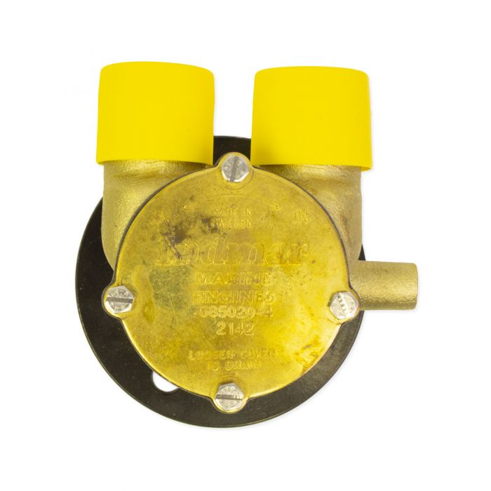 Close-up of a yellow raw water pump with two yellow inlet/outlet caps, mounted on a black base, used for water transfer.