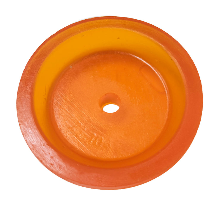 Orange roller-end bell with a central hole, made of plastic, used for mechanical or industrial applications.