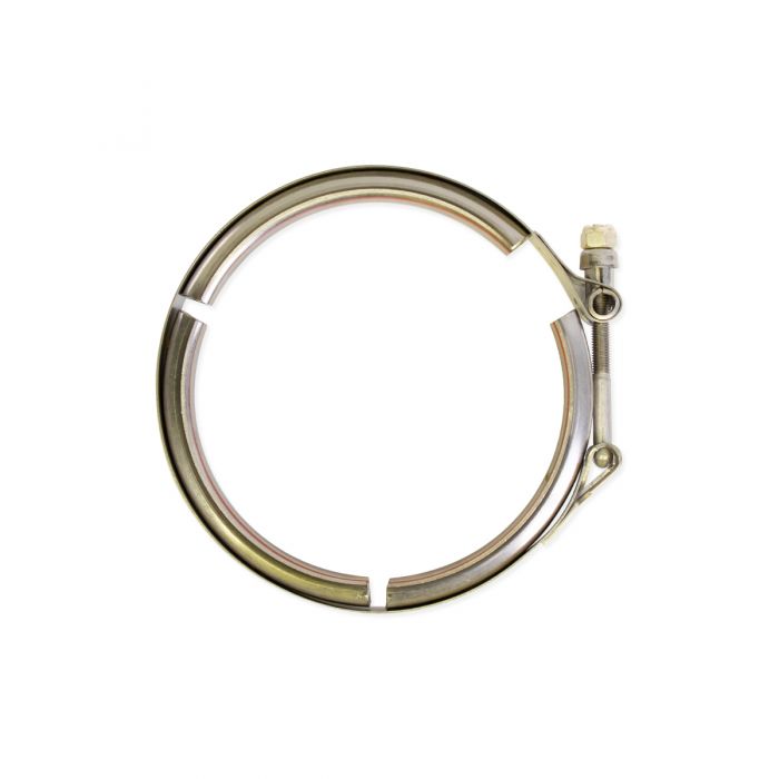Stainless steel CLAMP V-BAND CAT EXHAUST clamp with bolt and spring for secure exhaust system connection.