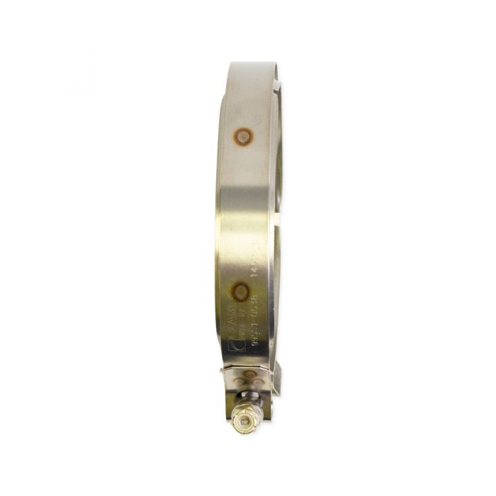 V-band clamp for exhaust, stainless steel, used to secure catalytic converter connections in automotive exhaust systems.